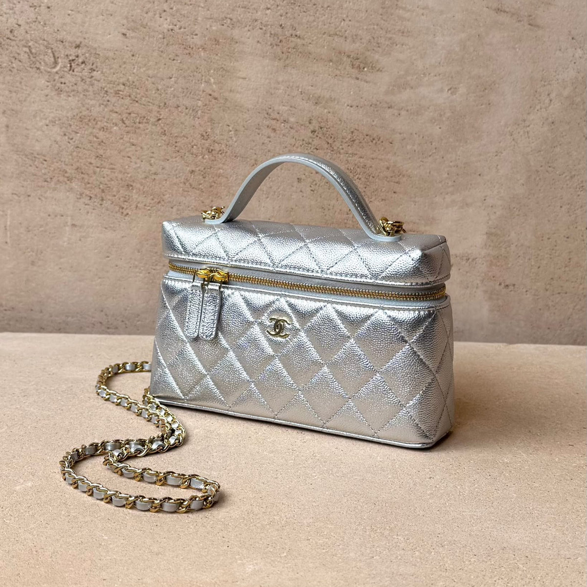 Chanel Top Handle Vanity With Chain - Silver Caviar | Champagne Gold Hardware