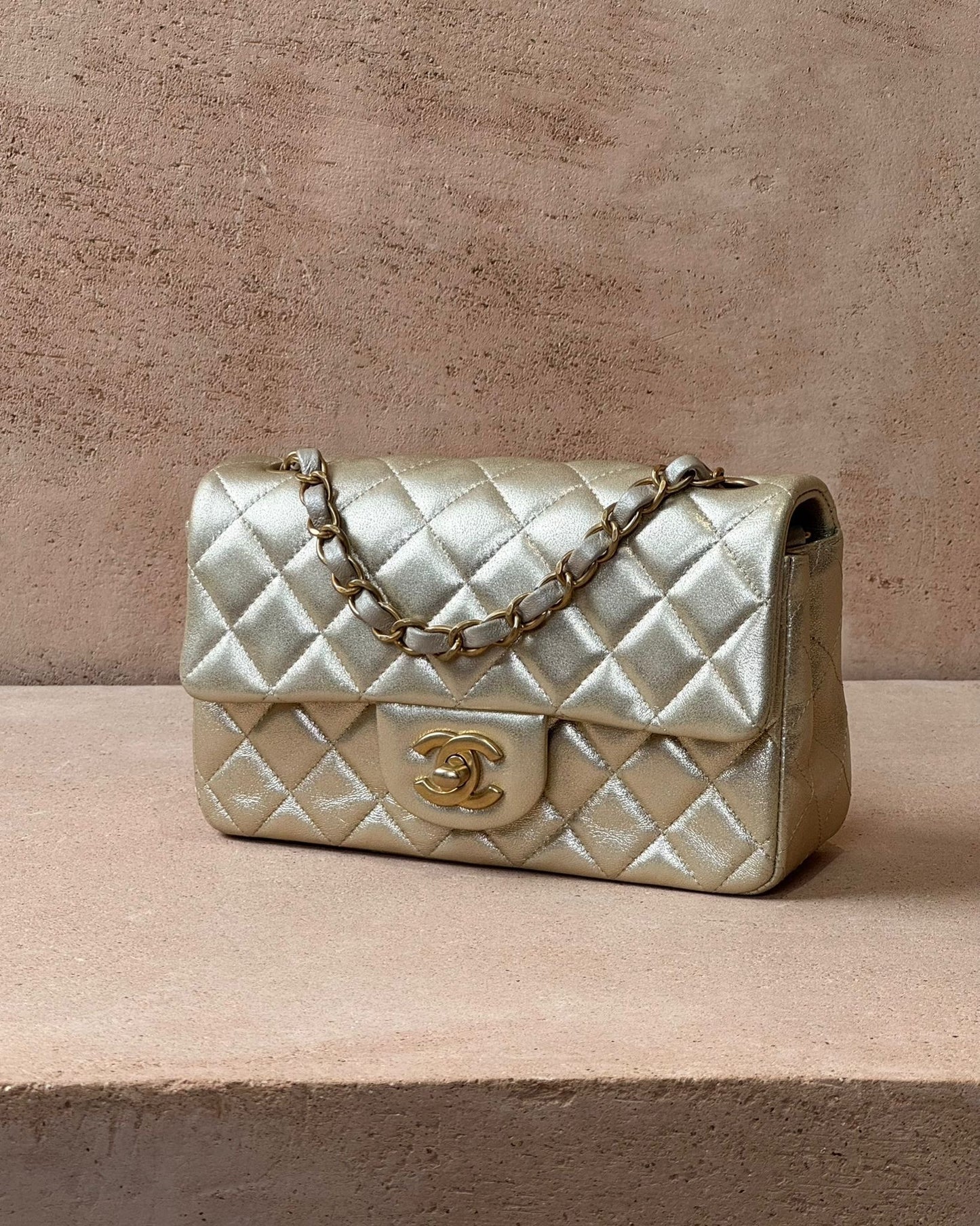 Chanel Mini Flap Rectangular - Gold Metallic Lambskin | Gold Hardware - Bagista