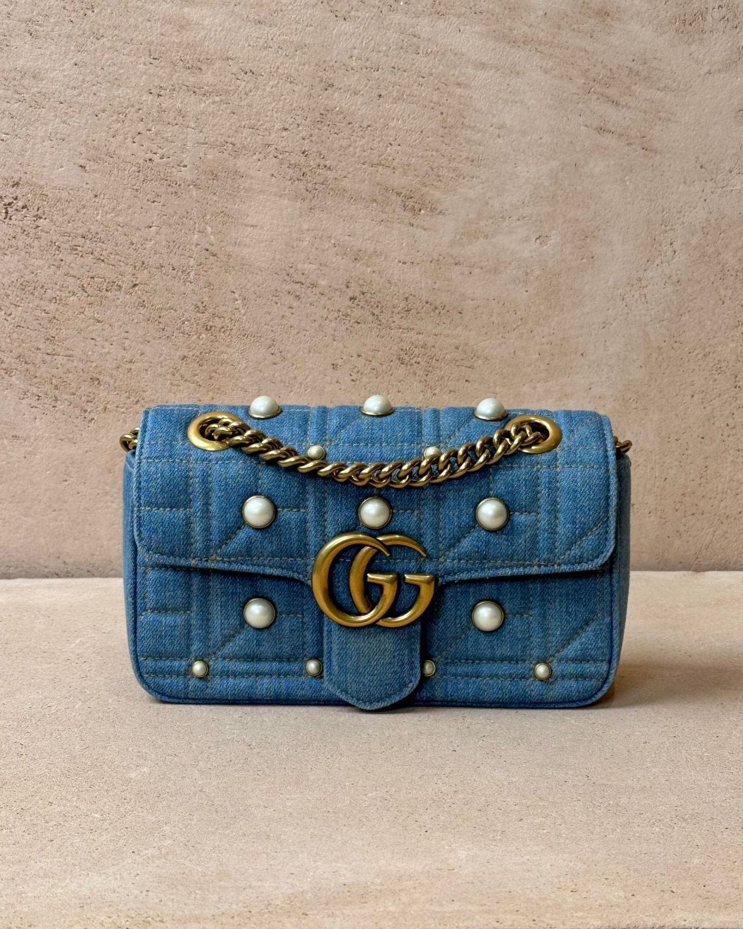 Gucci Small GG Marmont Shoulder Bag - Blue Denim with Pearls | Gold Hardware