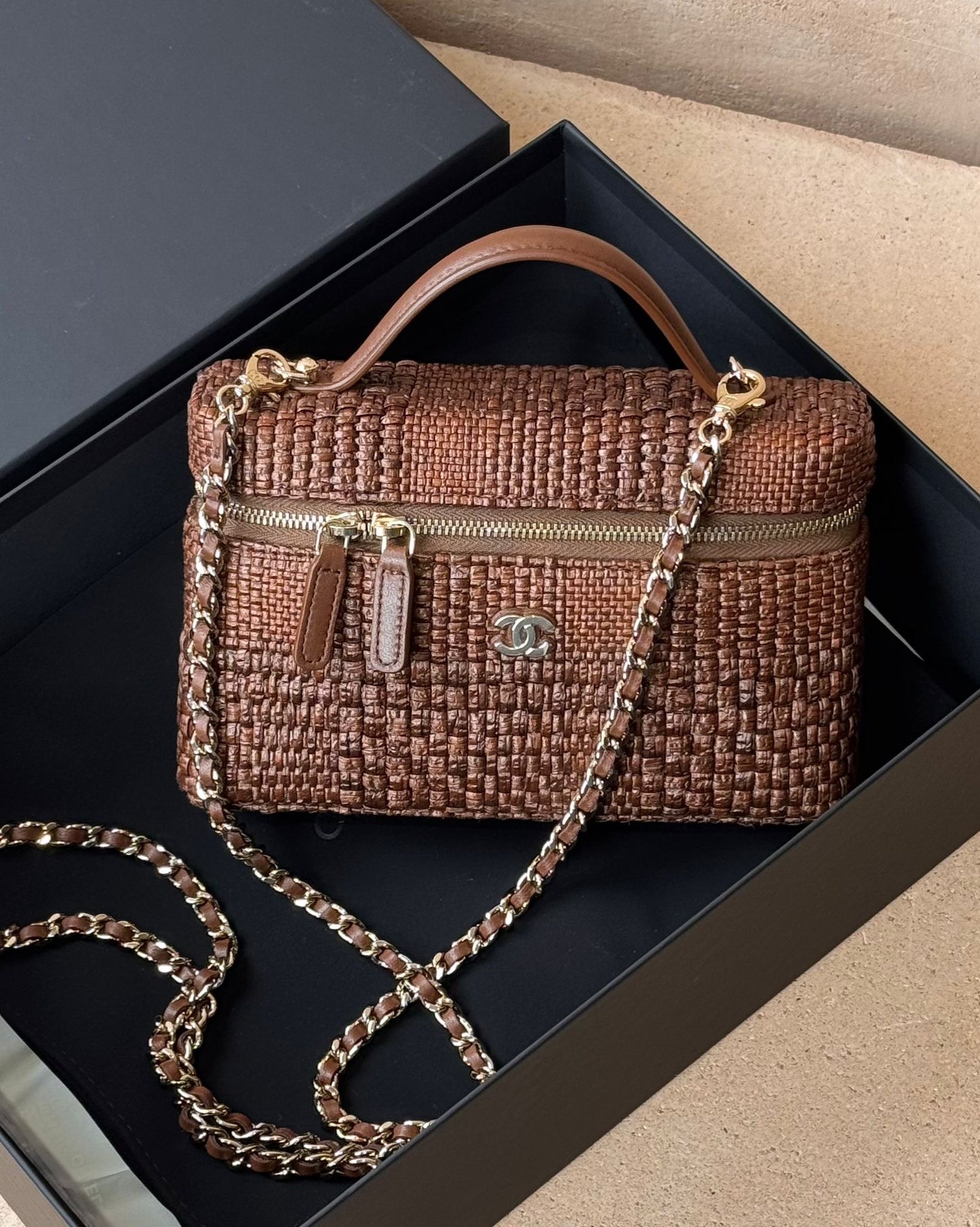 Chanel Classic Vanity with Chain - Brown Raffia | Champagne Gold Hardware - Bagista