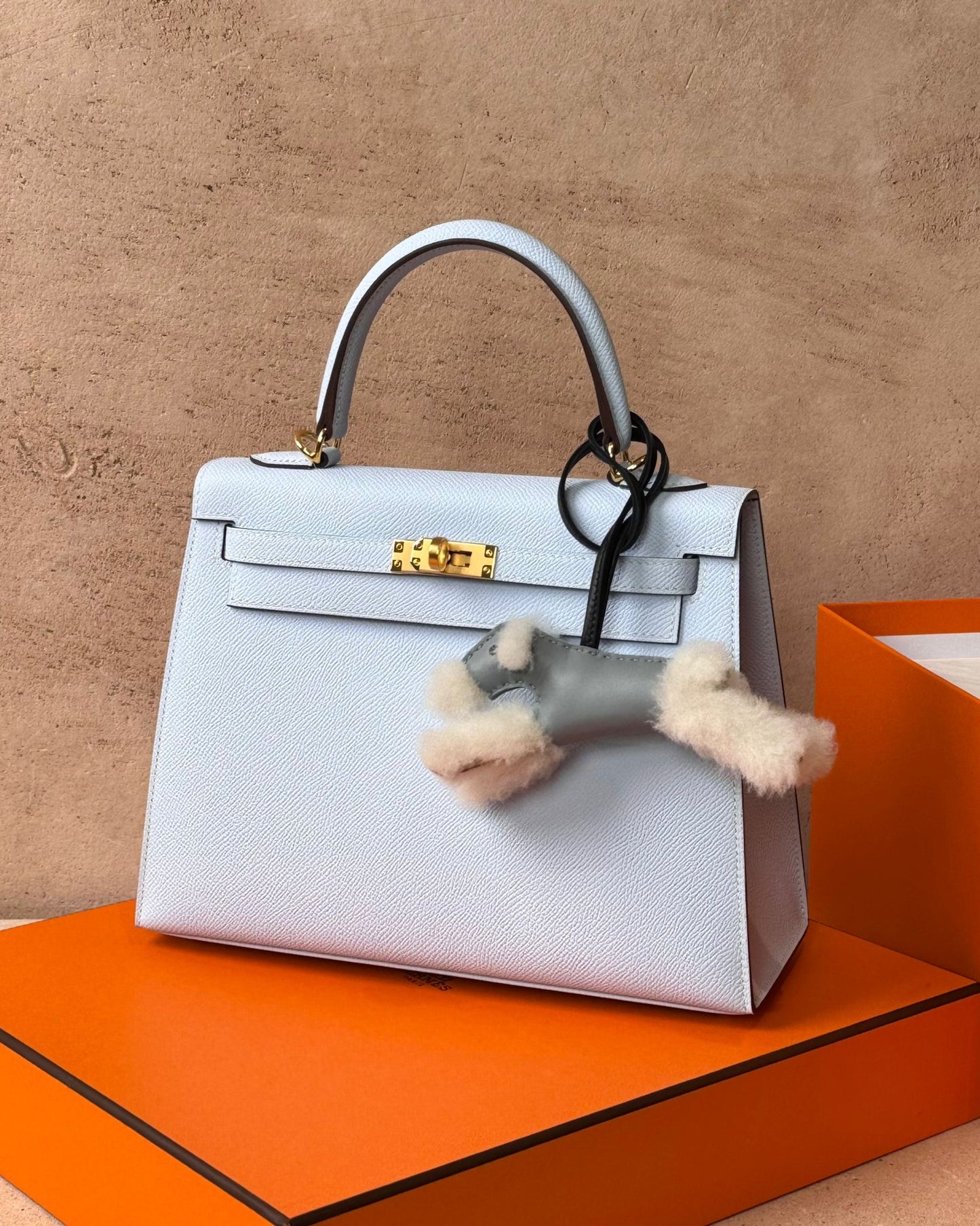 Hermès Budy Charm - Gris Pantin & Noir Agneau / Ecru Merino Wool