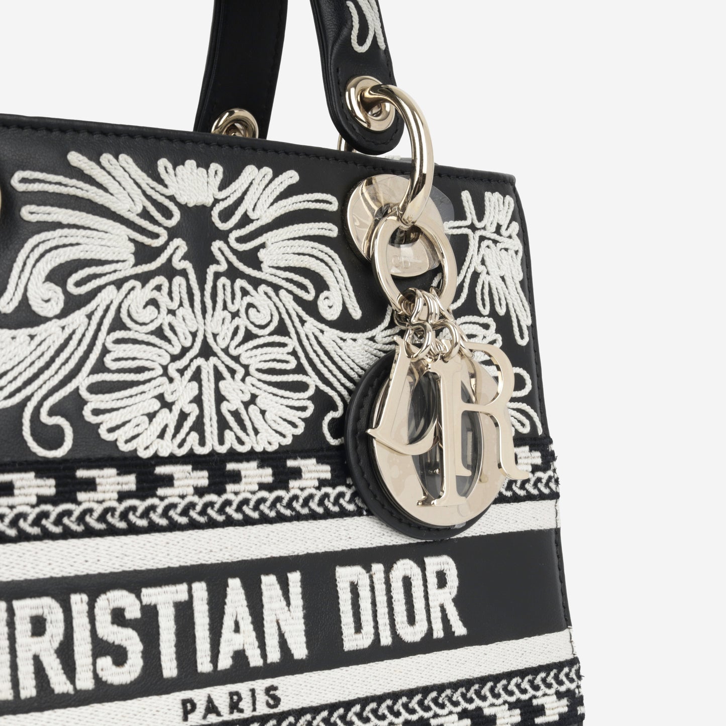 Dior Medium Lady Dior - Black Calfskin / Cornelly White Embroidered | Champagne Gold Hardware