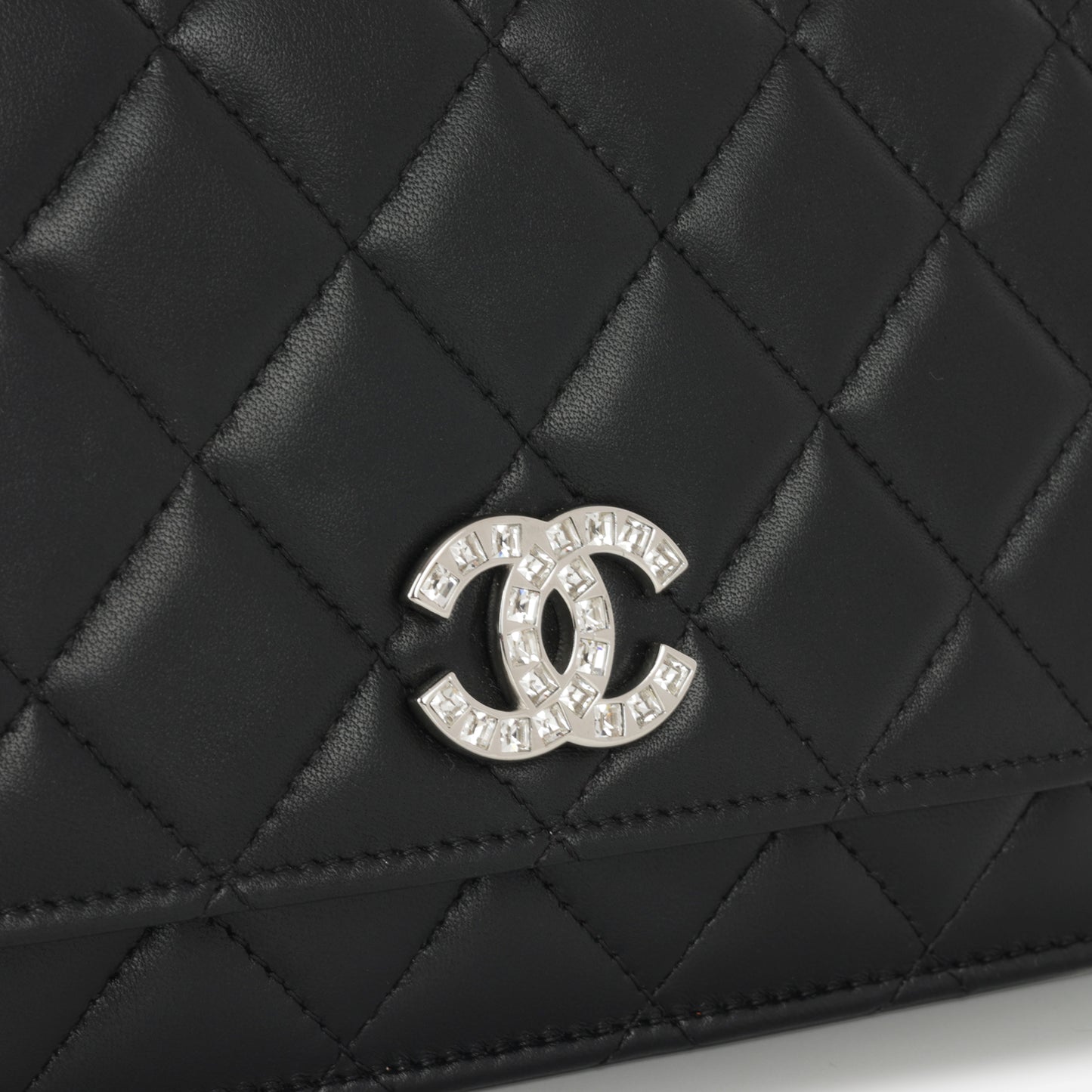 Chanel Wallet On Chain - Black Lambskin with Strass CC | Silver Hardware