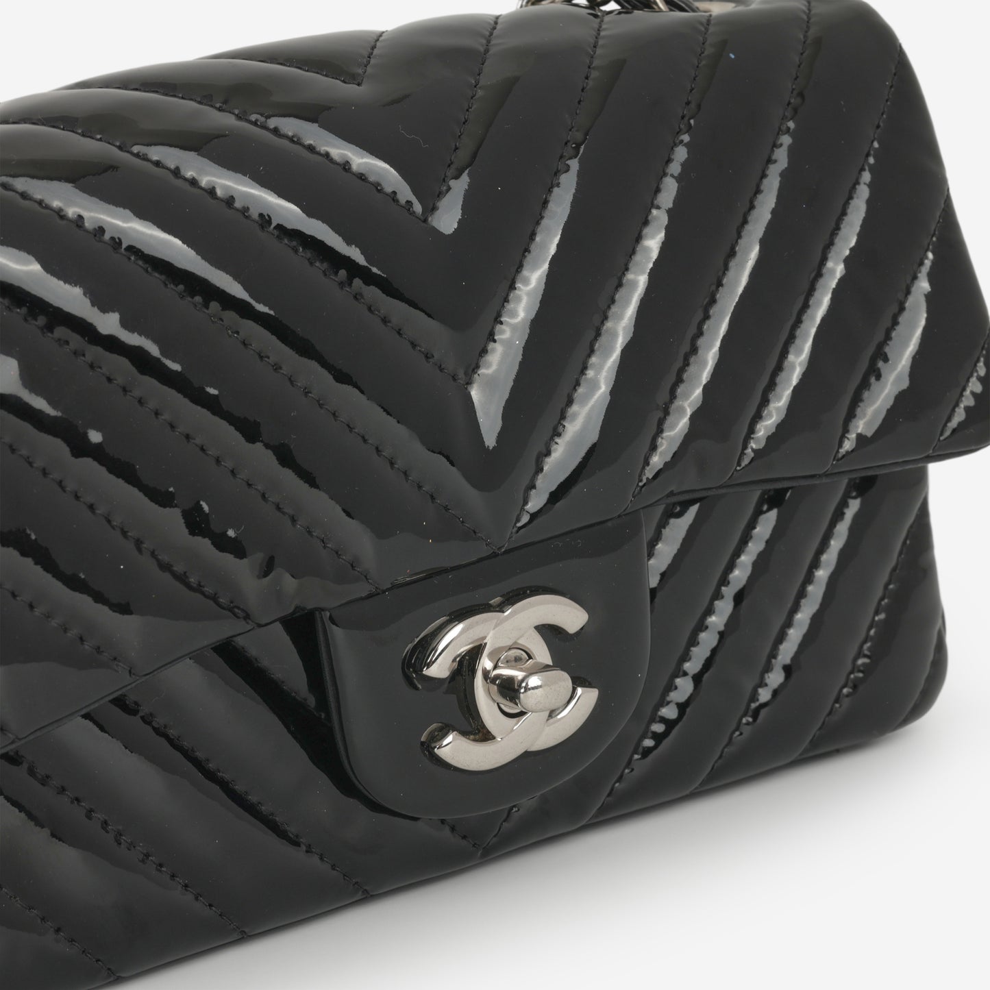 Chanel Mini Flap Rectangular - Black Chevron Patent Calfskin | Silver Hardware - Bagista