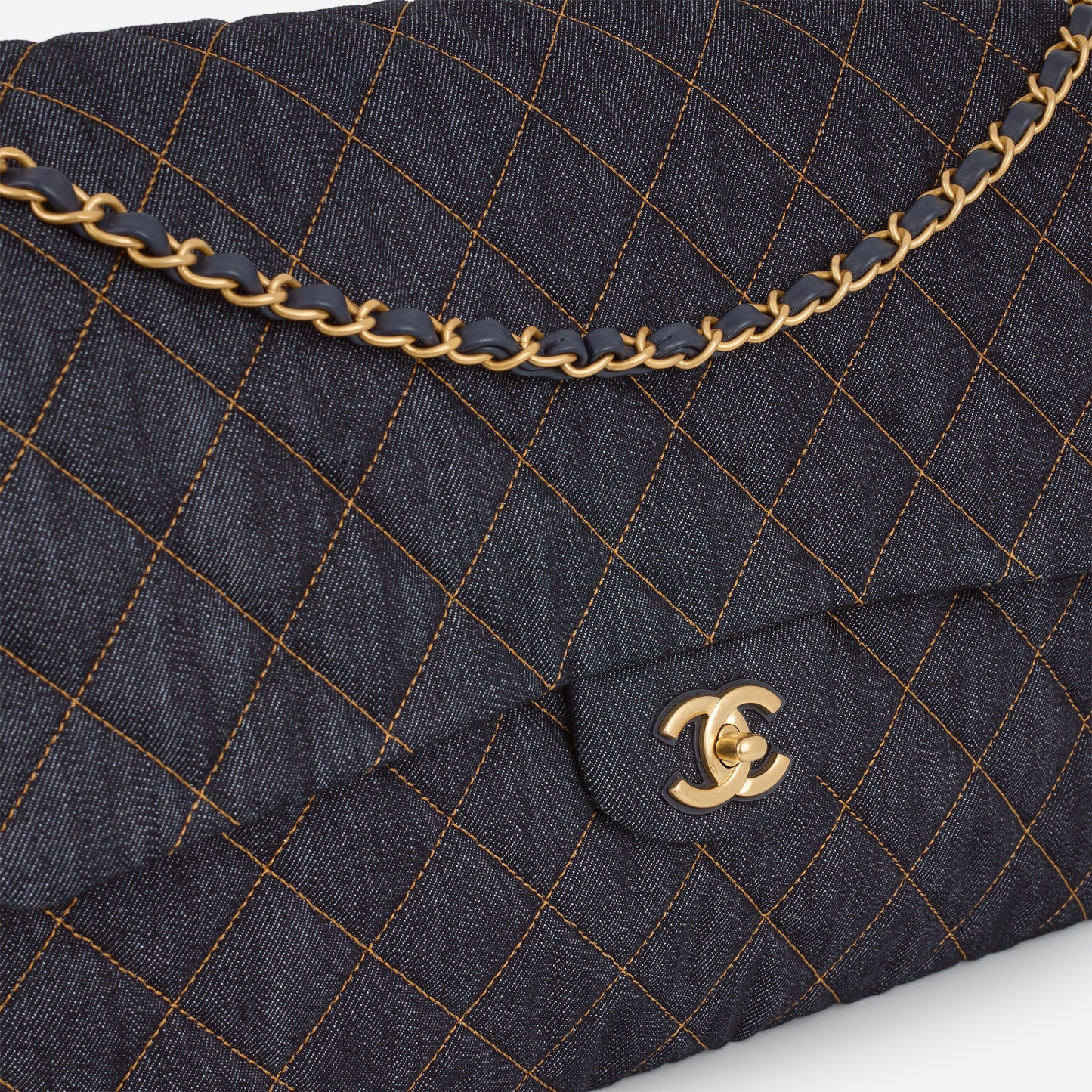 Chanel 26P Maxi Classic Flap - Dark Blue Denim | Aged-Gold Hardware