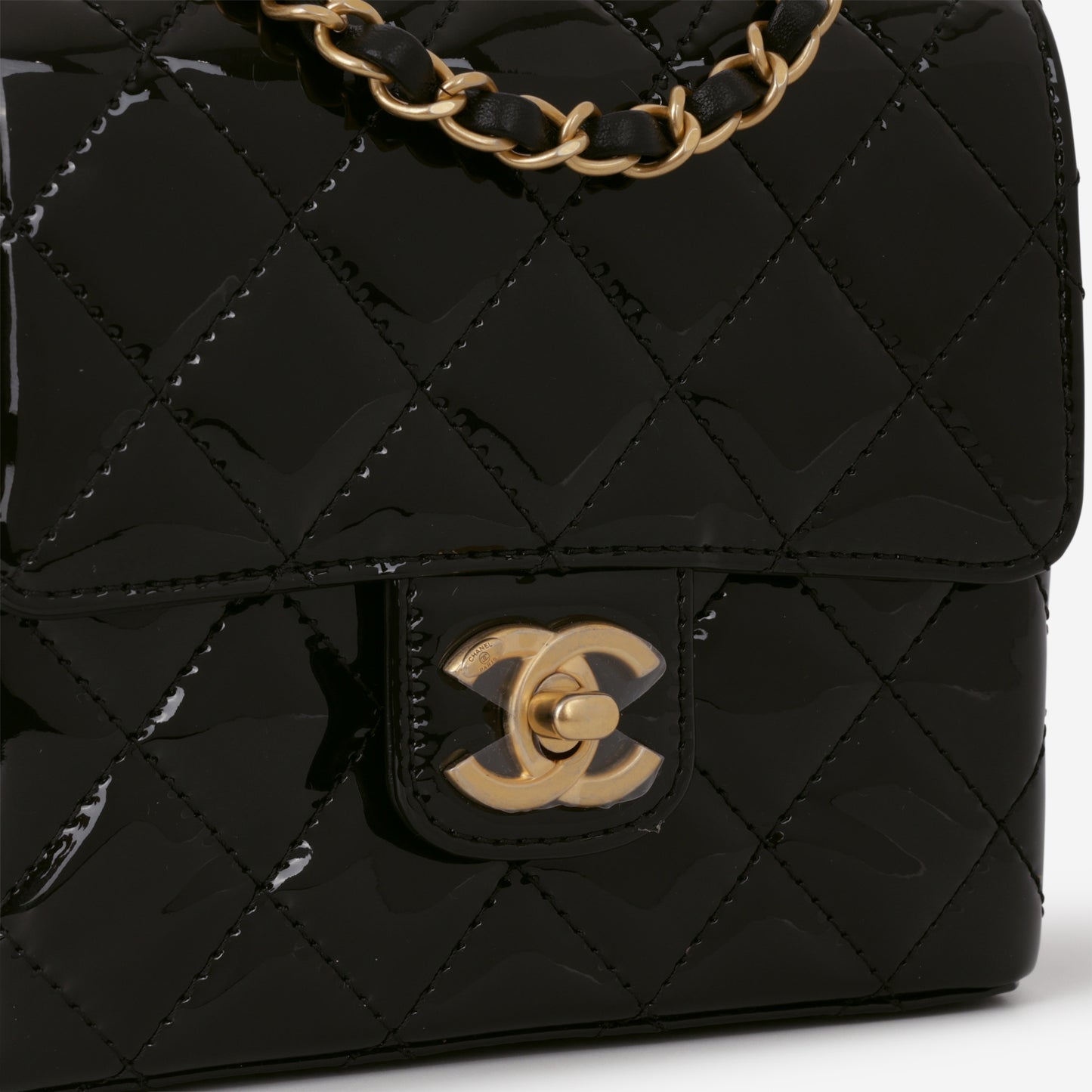 Chanel Seasonal Mini Square - Black Patent | Aged Gold Hardware