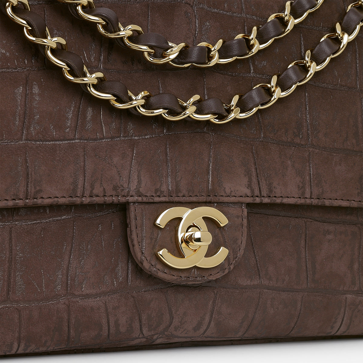 Chanel 2026 Maxi Flap Bag 32 - Brown Croc Embossed Suede | Gold Hardware