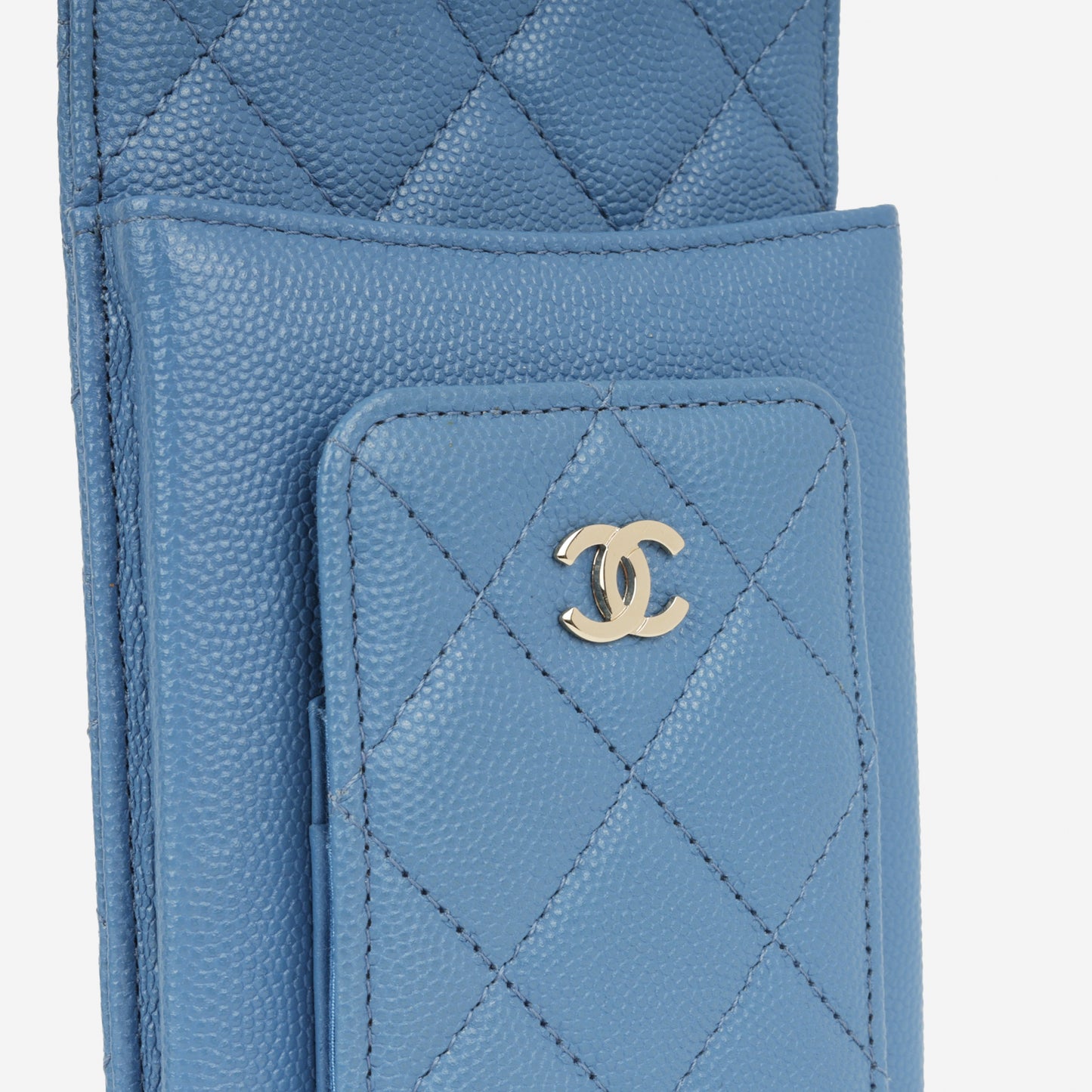 Chanel CC Phone Holder - Blue Caviar | Champagne Gold Hardware