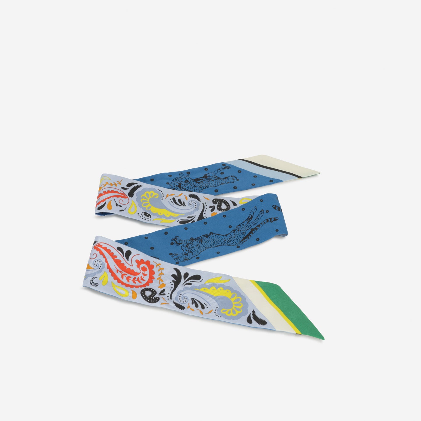 Hermès Twilly Guépards Bandana | Bleu Ciel / Jaune Vif / Rouge Silk