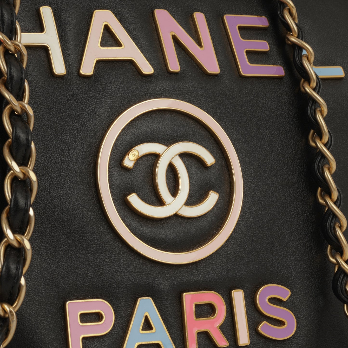 Chanel Large Deauville - Black Lambskin with Multicolor Logo | Antique Gold Hardware