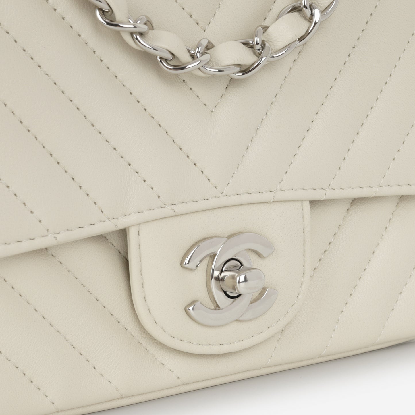 Chanel Mini Square - Ivory Chevron Lambskin | Silver Hardware