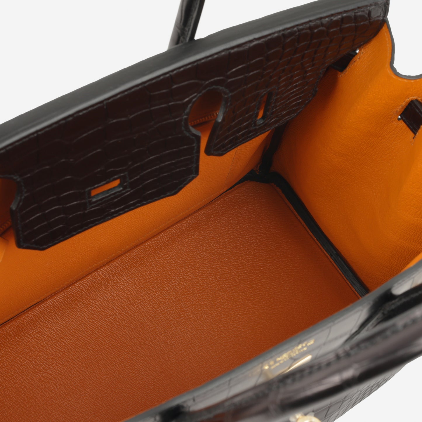 HSS Hermès Birkin 30 - Black Matte Alligator / Orange Interior | Permabrass Hardware