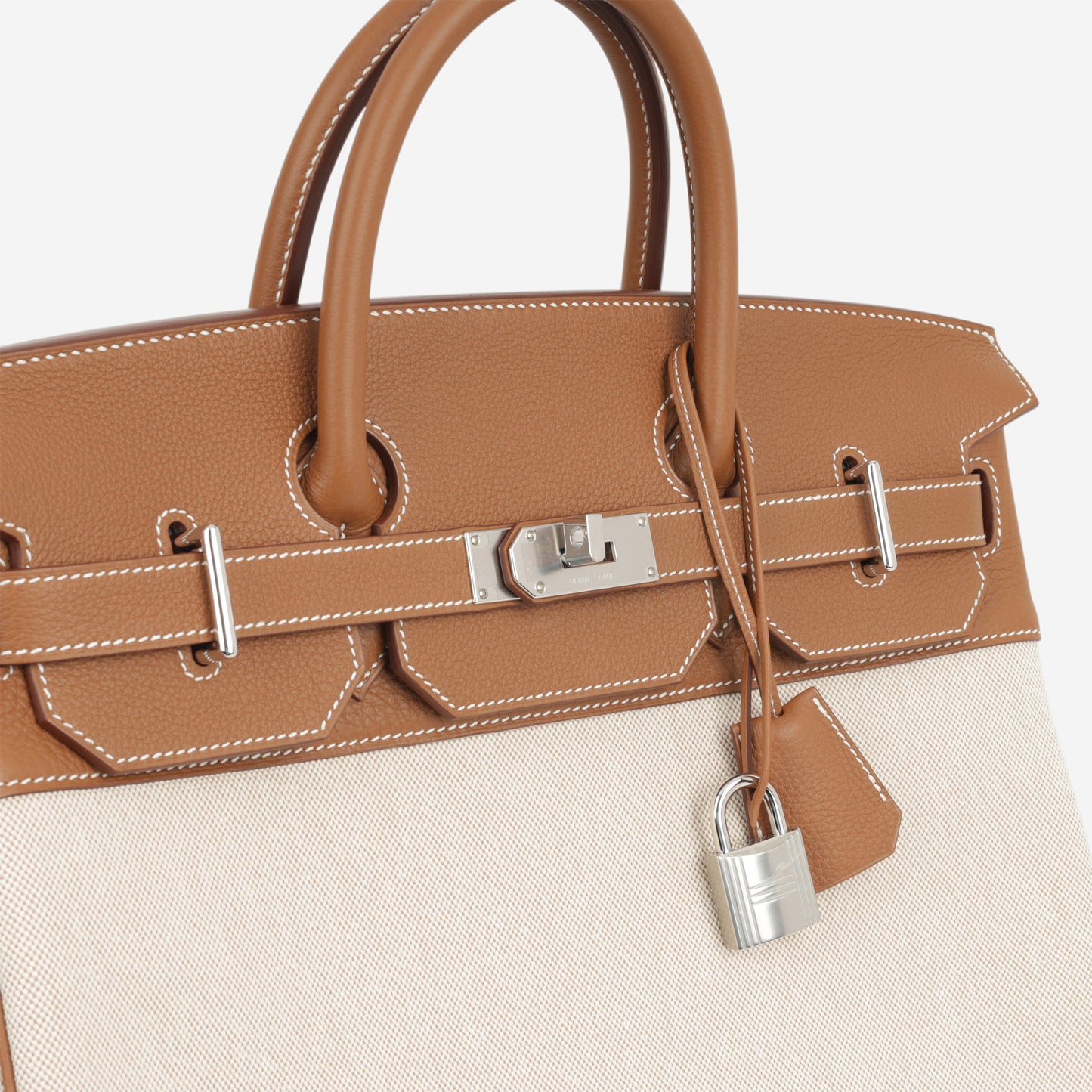 Hermès HAC 40 - Gold Evercolor / Ecru-Beige Toile | Palladium Hardware - Bagista