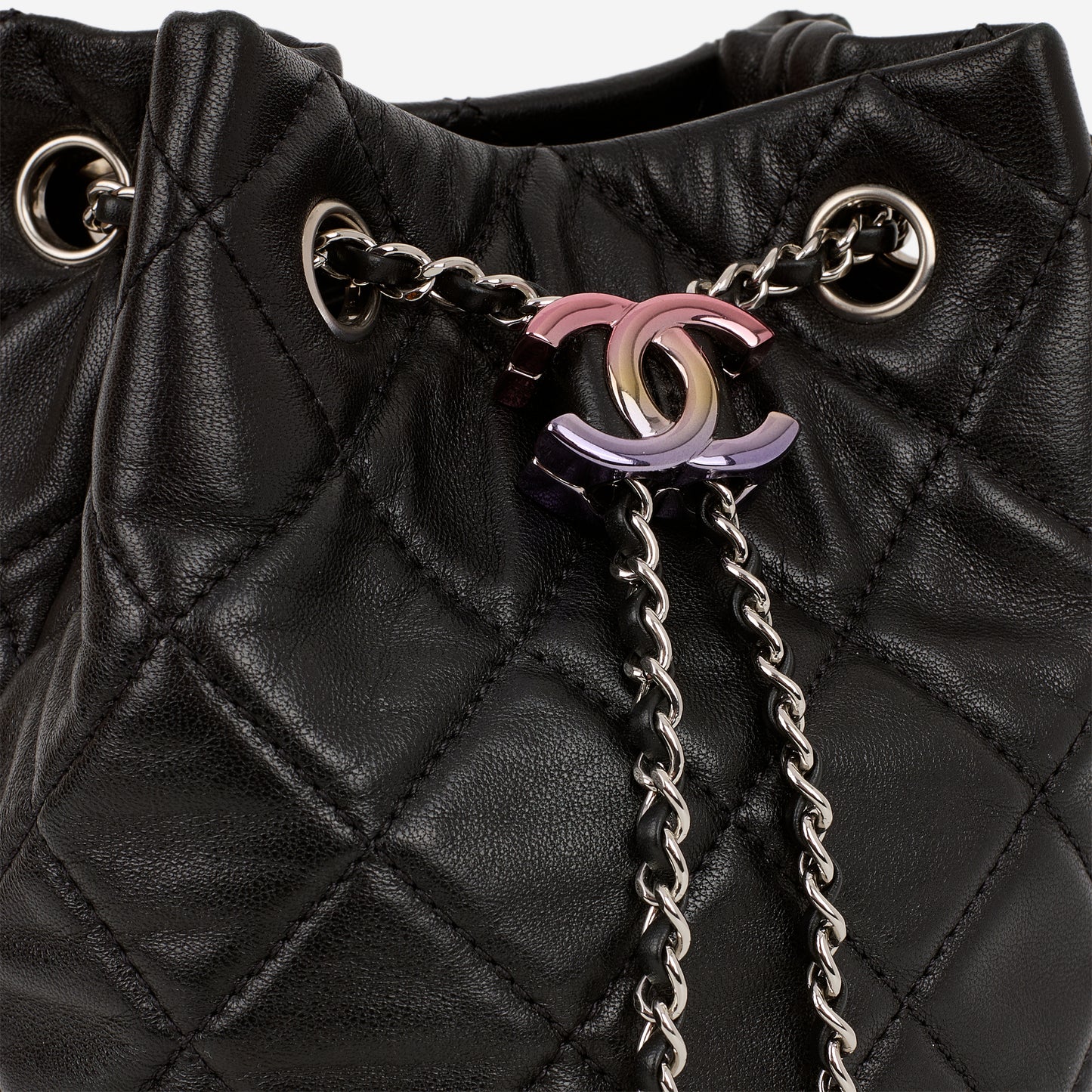 Chanel Rainbow CC Drawstring Bucket Bag - Black Lambskin | Rainbow CC Hardware - Bagista