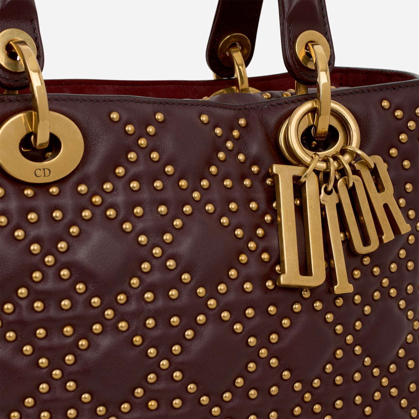 Dior Medium Lady Dior - Burgundy Studded Lambskin | Golden Hardware - Bagista