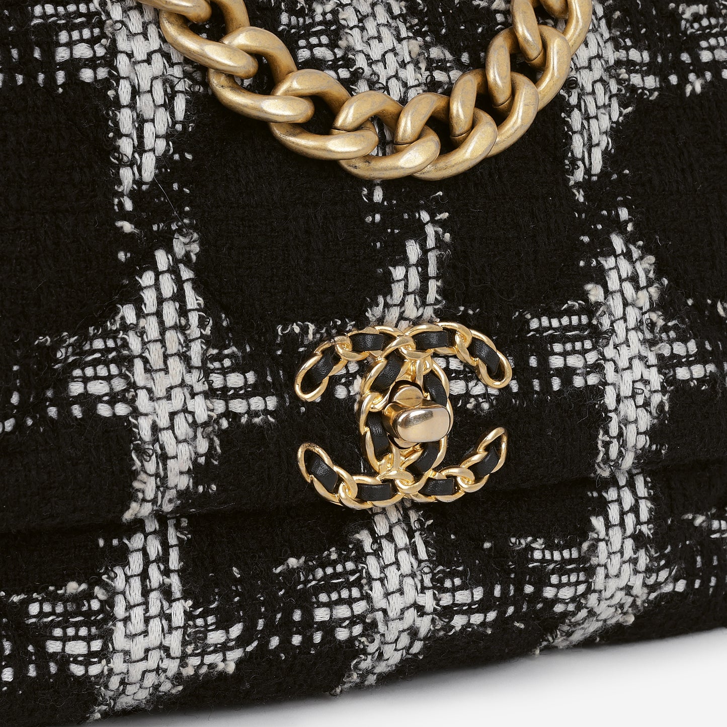Chanel Small 19 Flap Bag - Black/White Houndstooth Tweed | Gold & Silver Hardware