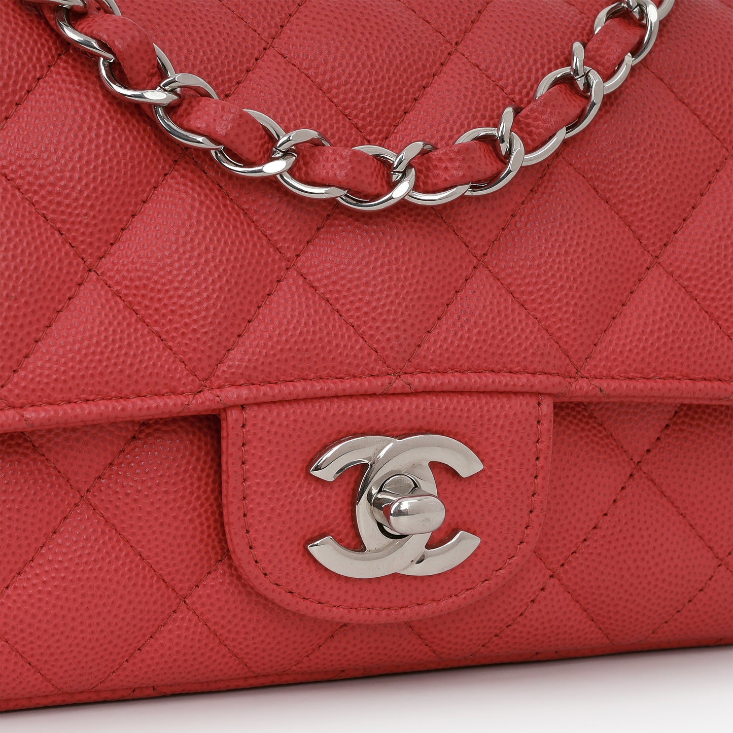 Chanel Mini Rectangular - Coral Red Matte Caviar | Silver Hardware