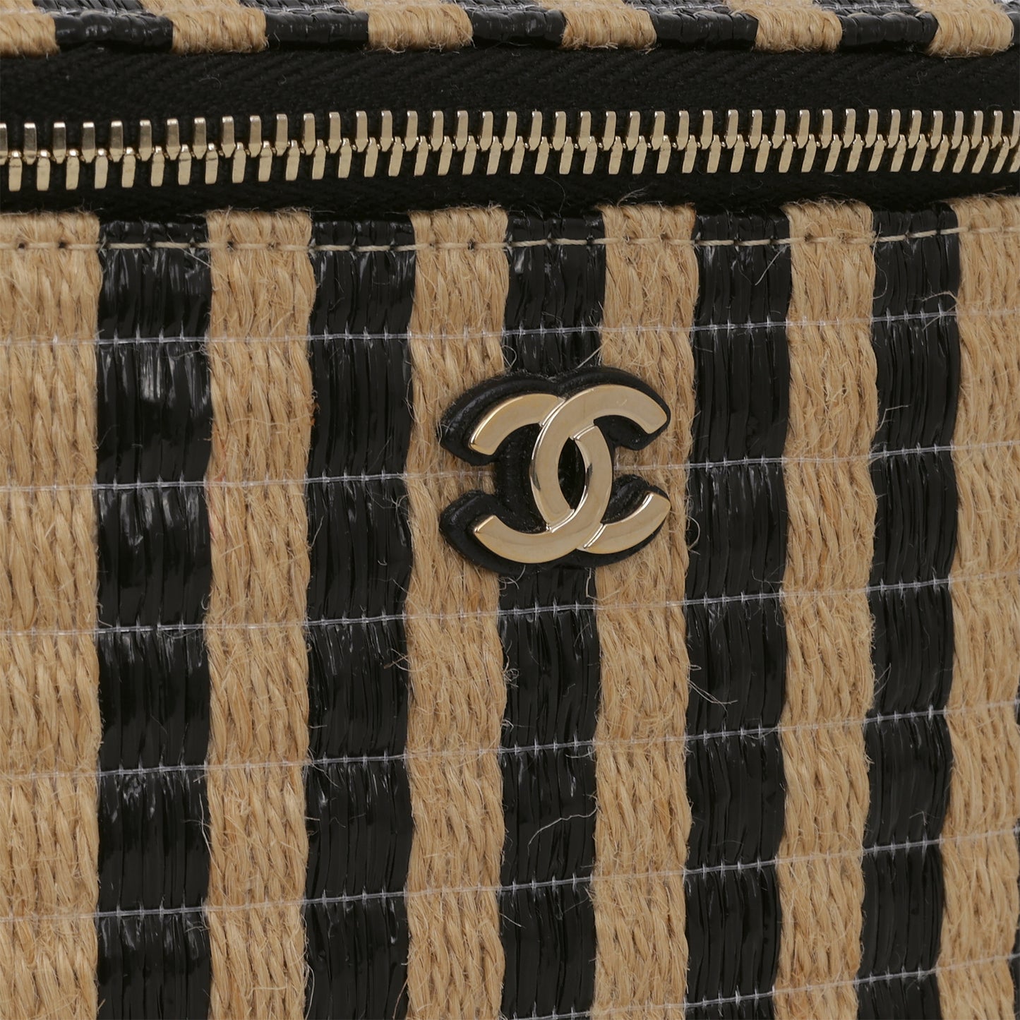 Chanel Mini Vanity on Chain - Black / Beige Striped Raffia | Champagne Gold Hardware