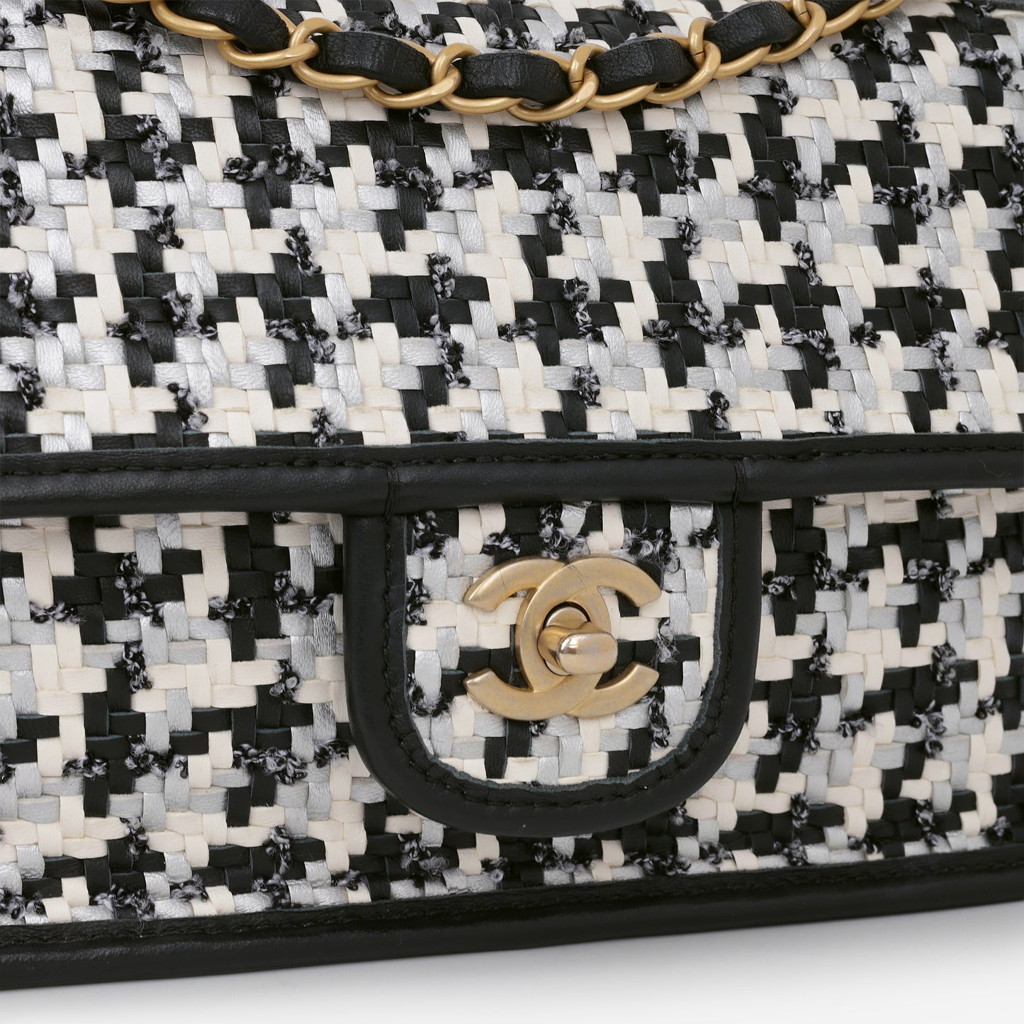 Chanel 23 C Medium Flap Bag - Black/White Houndstooth Woven Lambskin | Aged Gold Hardware