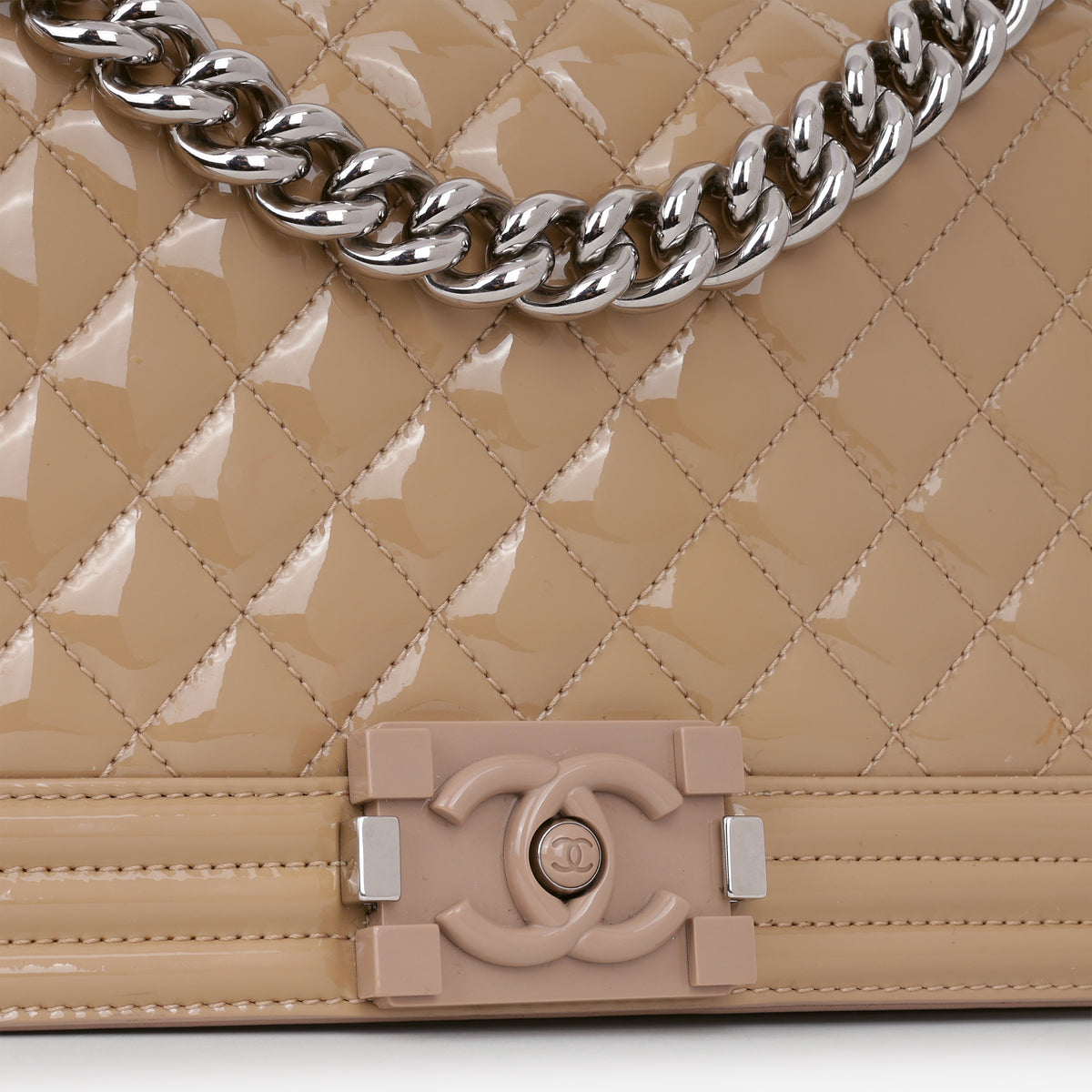 Chanel Old Medium Boy Bag - Beige Patent | Silver Hardware