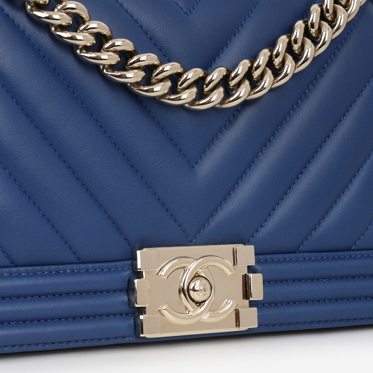 Chanel Old Medium Boy Bag - Blue Chevron Lambskin | Champagne Gold Hardware