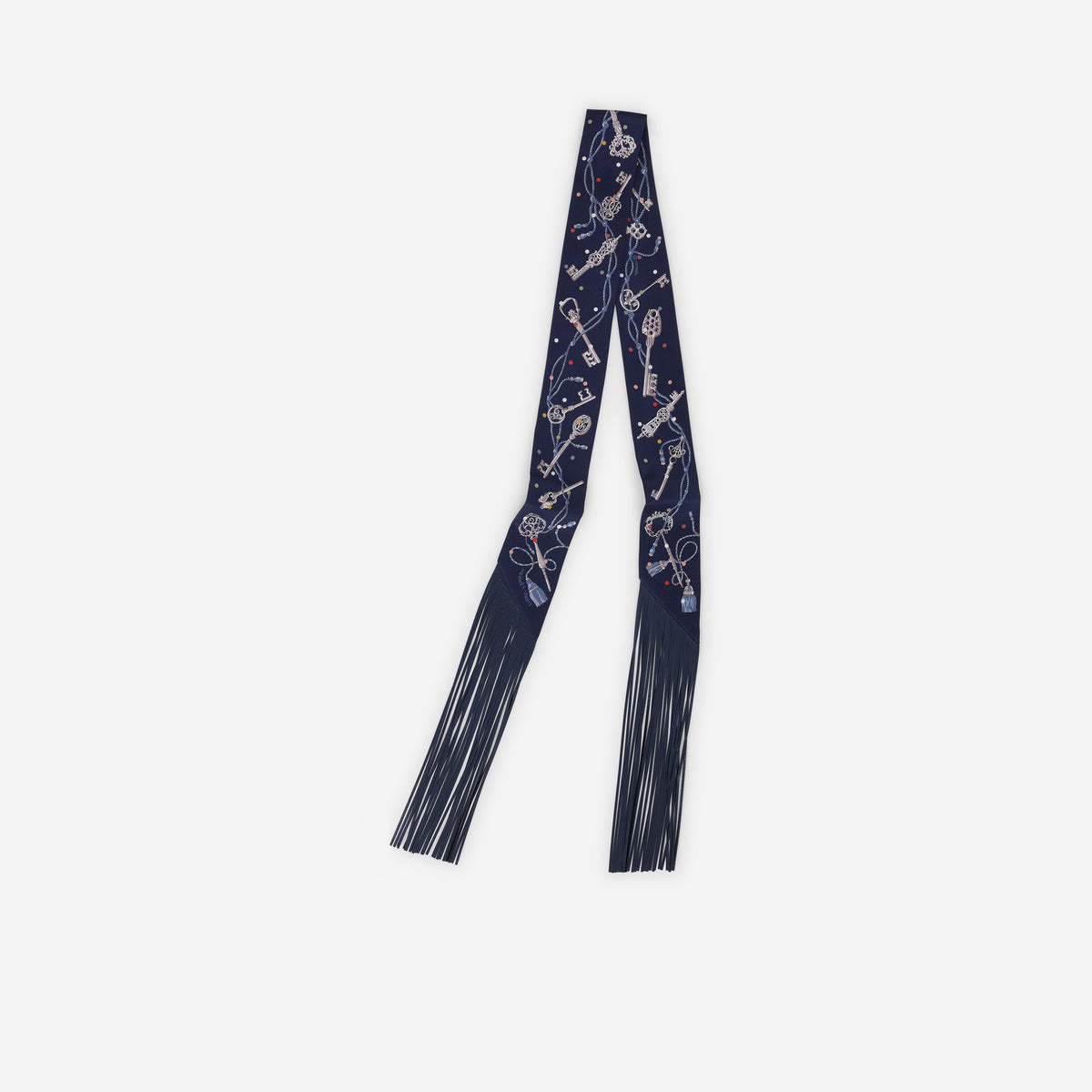 Hermès Twilly Les Cles A Pois - Bleu Marine / Gris Argent / Multicolore Silk / Leather Fringes