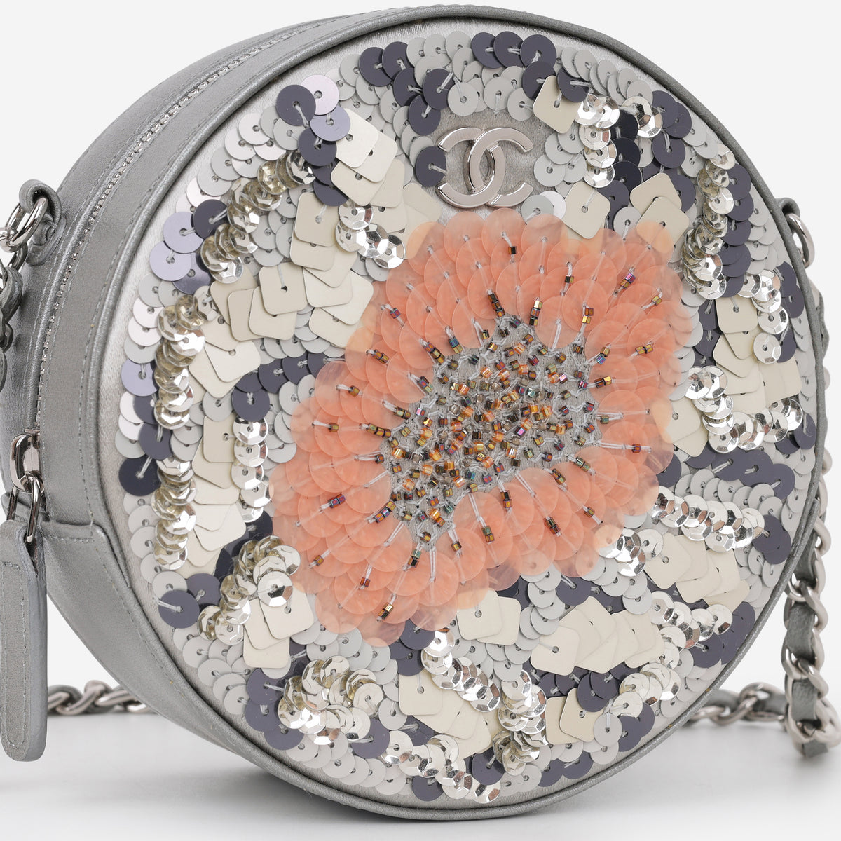 Chanel Round Clutch on Chain - Peach/Silver Flower Sequin / Lambskin | Silver Hardware