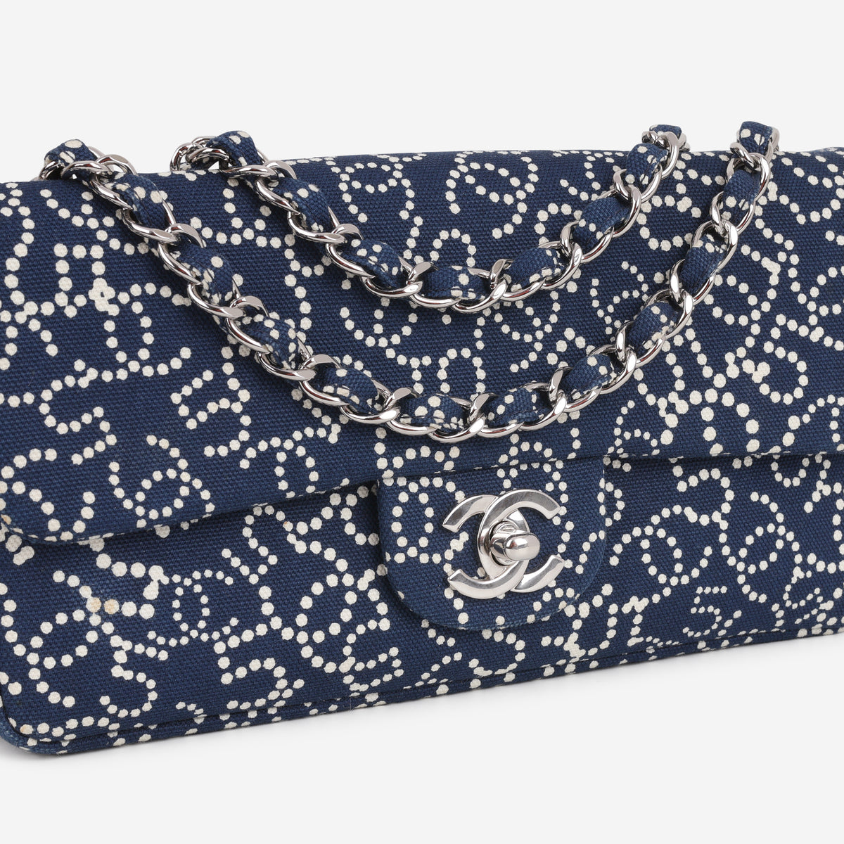 Chanel East-West Classic Single Flap Bag - "CC NO.5" Navy Printed Canvas | Silver Hardware - Bagista