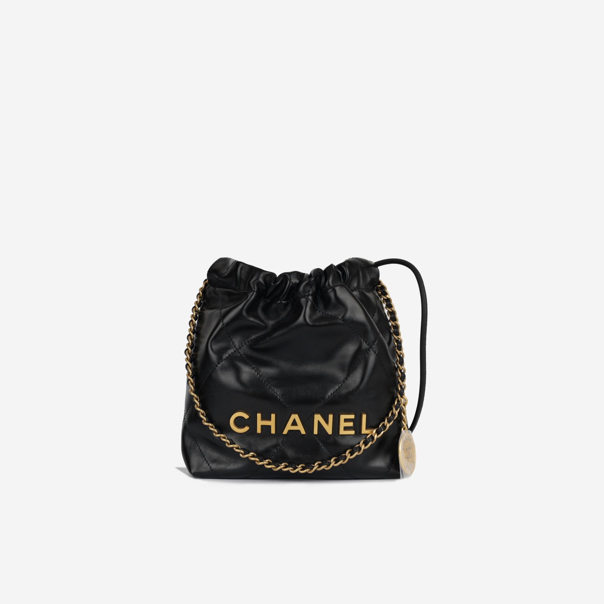 CHANEL Shiny Crumpled Calfskin Quilted Pearl Mini Chanel 22 Black 1304247