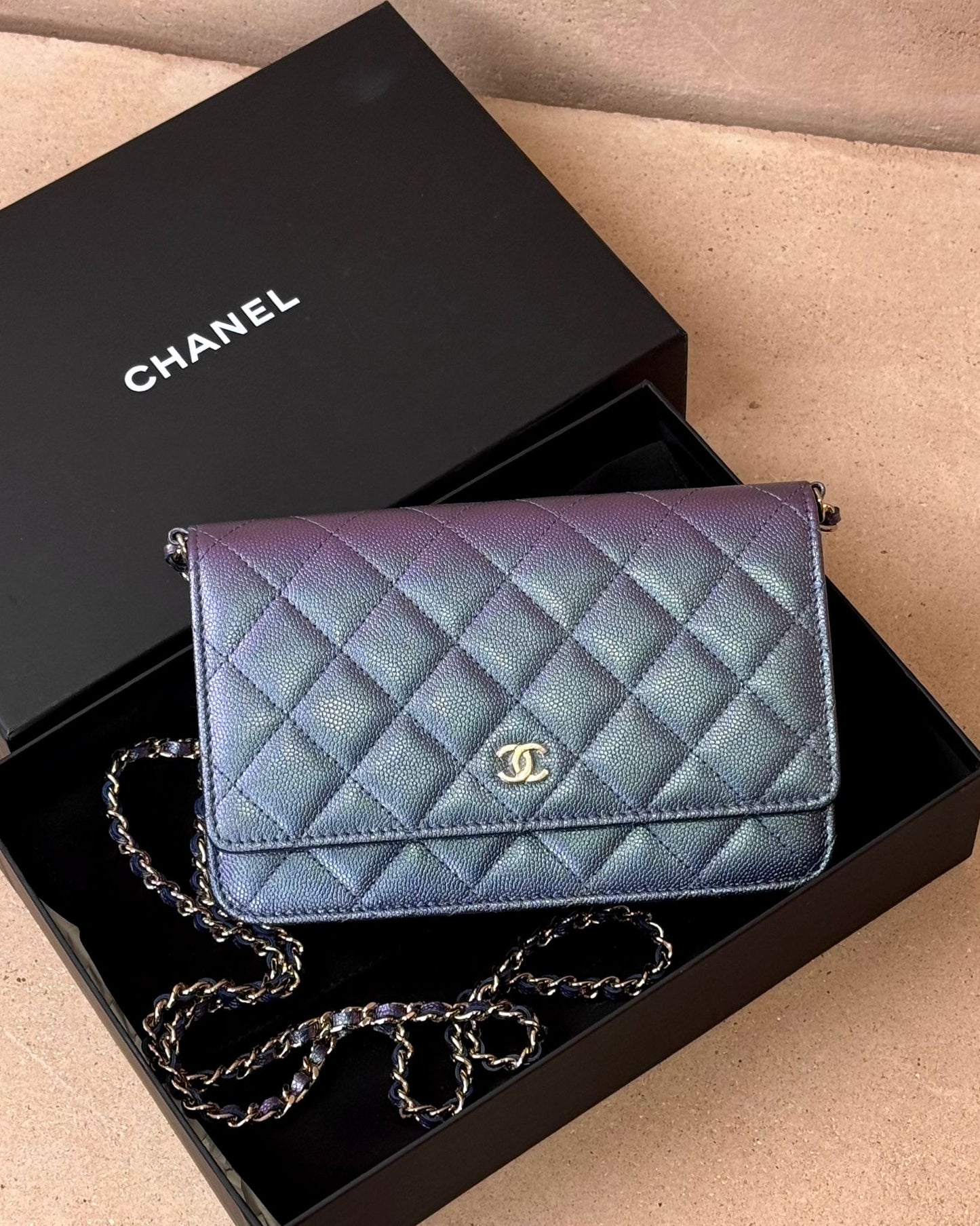 Chanel Classic Wallet on Chain - Iridescent Purple Caviar | Champagne Gold Hardware