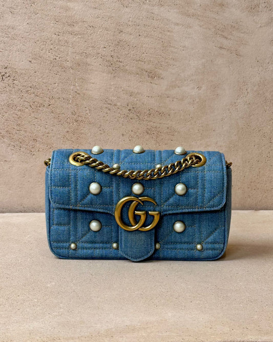 Gucci Small GG Marmont Shoulder Bag - Blue Denim with Pearls | Gold Hardware