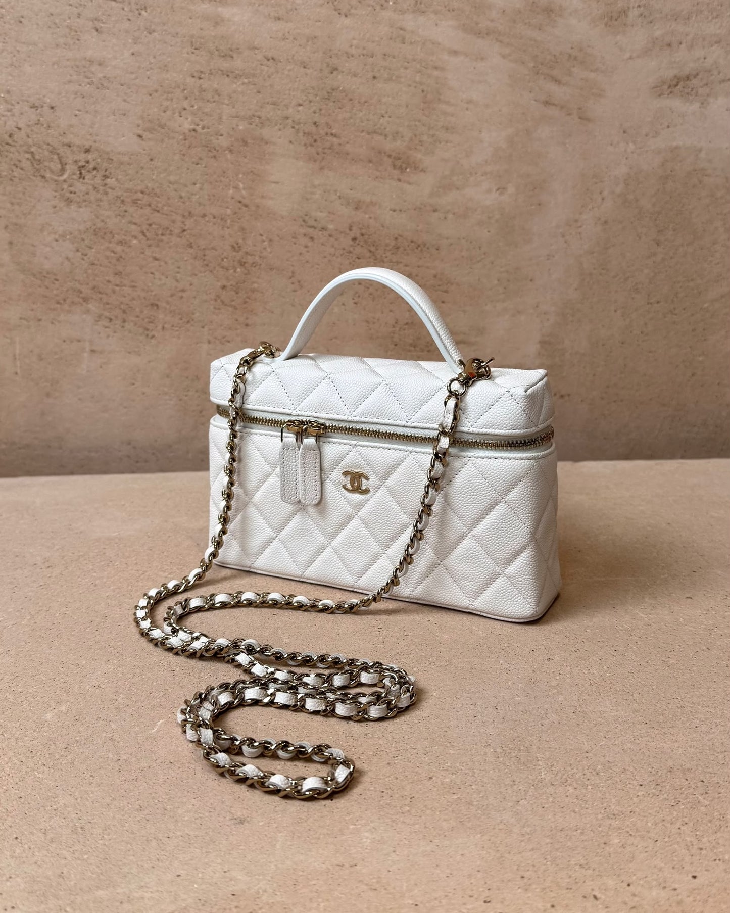 Chanel Top Handle Vanity With Chain - White Caviar | Champagne Gold Hardware