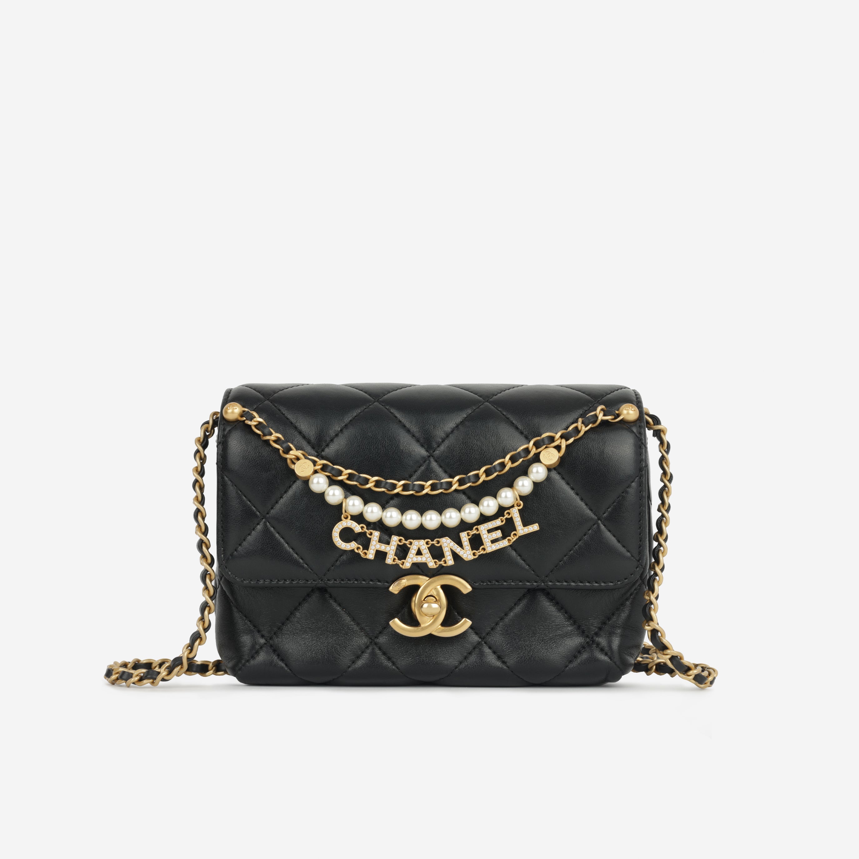 Chanel - Mini Square Pearl Twist Flap - Black Lambskin GHW - Pre