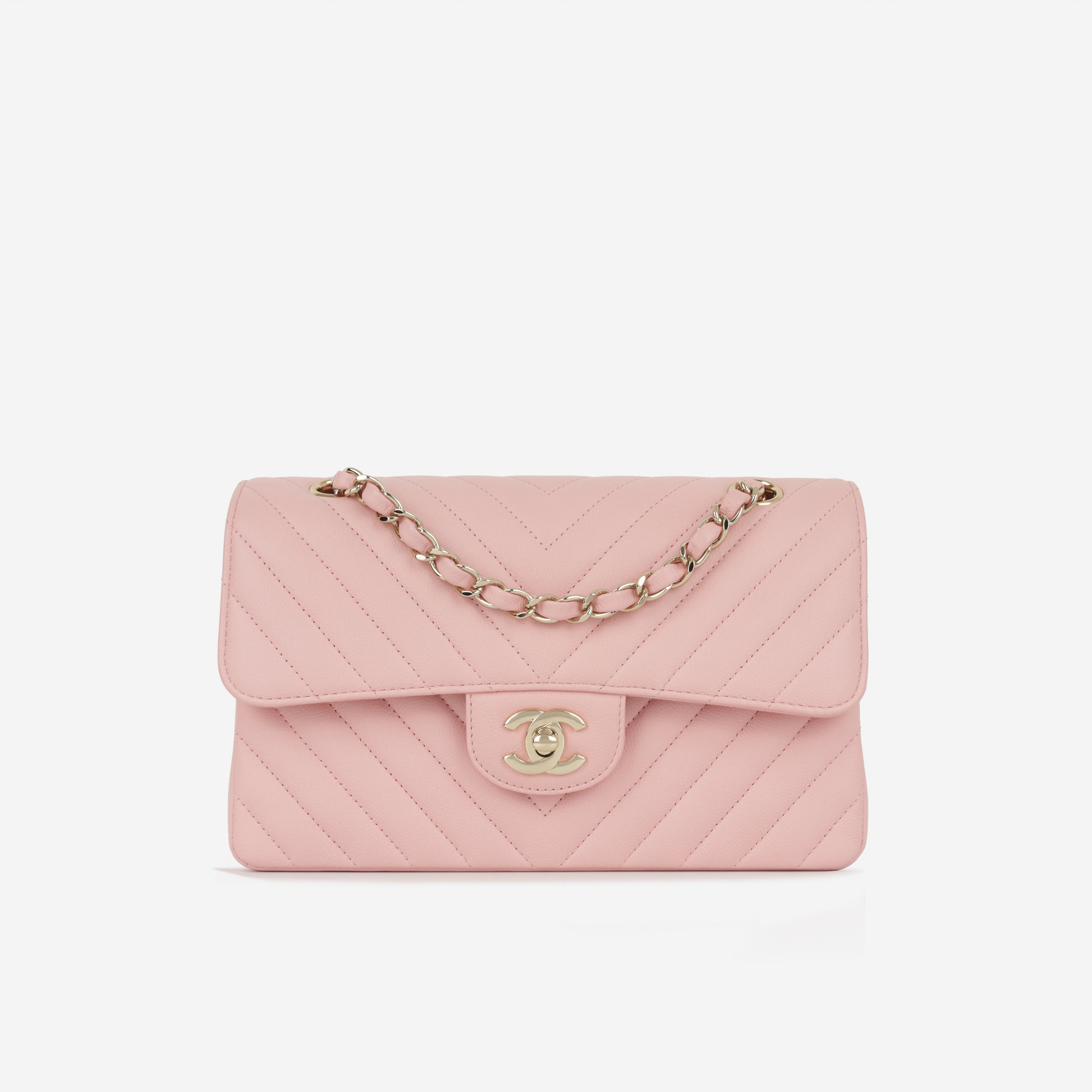 Chanel Small Classic Flap Bag Pink Chevron Caviar CGHW 2021