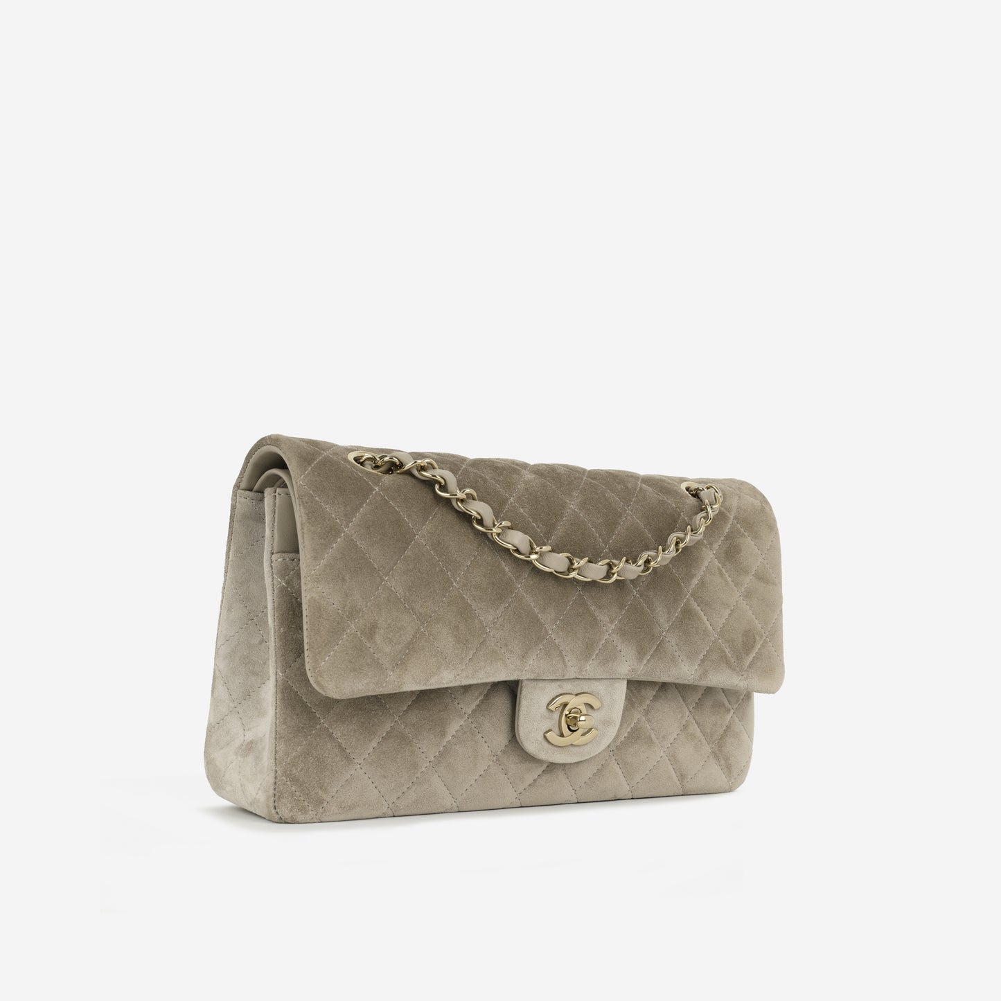 Chanel Medium Classic Flap - Mink Suede | Champagne Gold Hardware