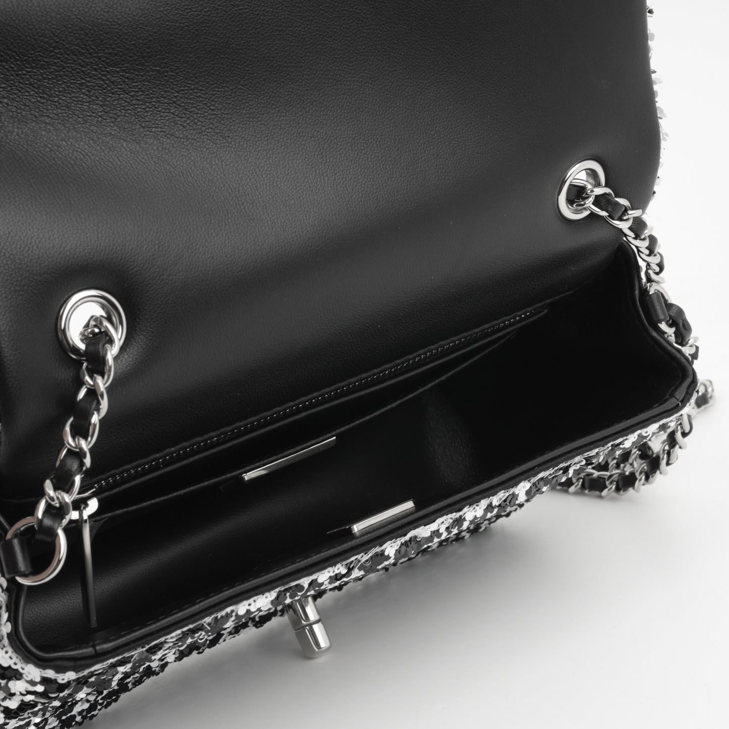 Chanel Mini Rectangular - Black / White Sequin | Silver Hardware