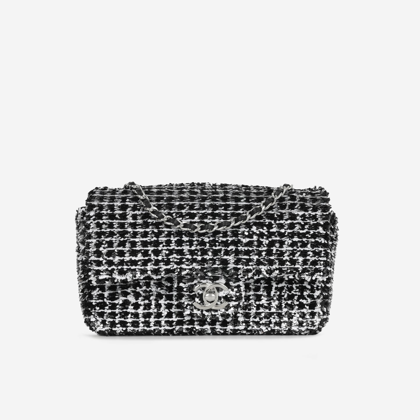 Chanel Mini Rectangular - Black / White Sequin | Silver Hardware