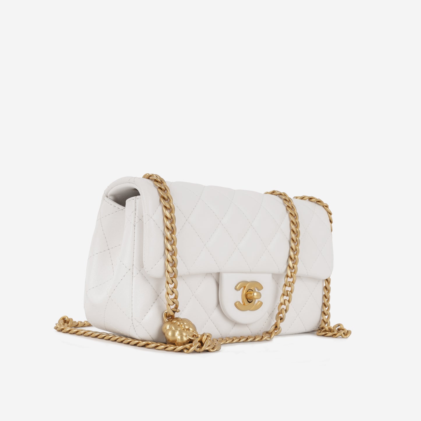 Chanel Mini Rectangular Camellia Crush - White Lambskin | Antique gold Hardware