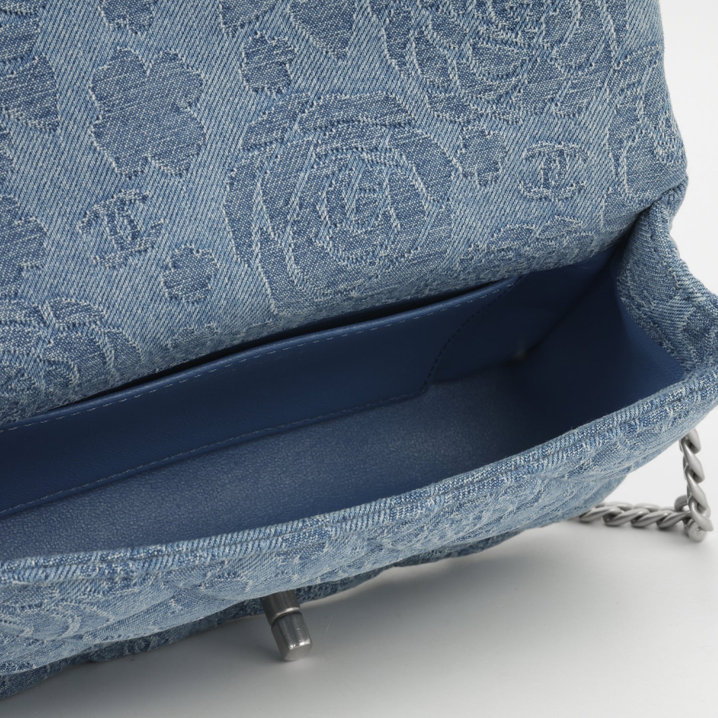 Chanel Mini Rectangular Camellia Crush - Blue Embroidered Denim | Silver Hardware