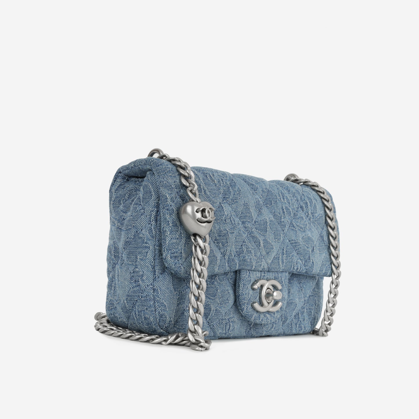 Chanel Mini Rectangular Camellia Crush - Blue Embroidered Denim | Silver Hardware