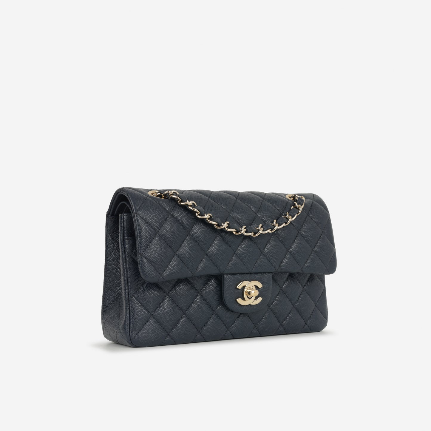 Chanel Small Classic Flap - Midnight Blue Caviar | Champagne Gold Hardware