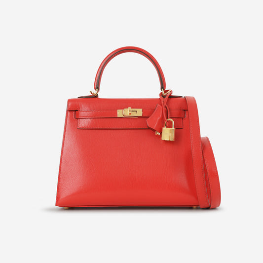 Hermès Kelly 25 - Rouge De Coeur Chevre Chamkila | Gold Hardware