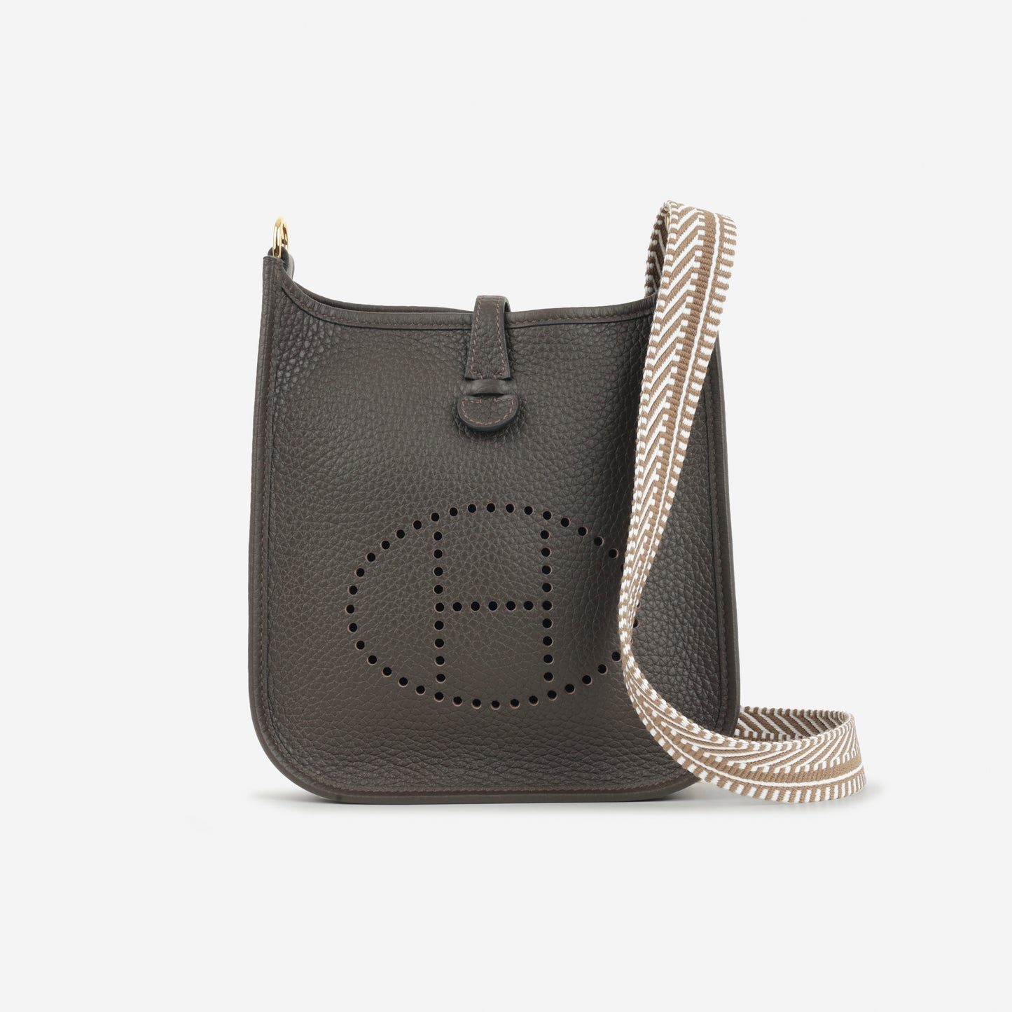 Hermès Evelyne TPM - Ebene Clemence / Gris Pale / Etoupe Strap | Gold Hardware