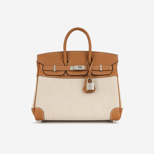 Hermès Birkin 25 Toile - Gold Swift/Ecru Canvas | Palladium Hardware - Bagista