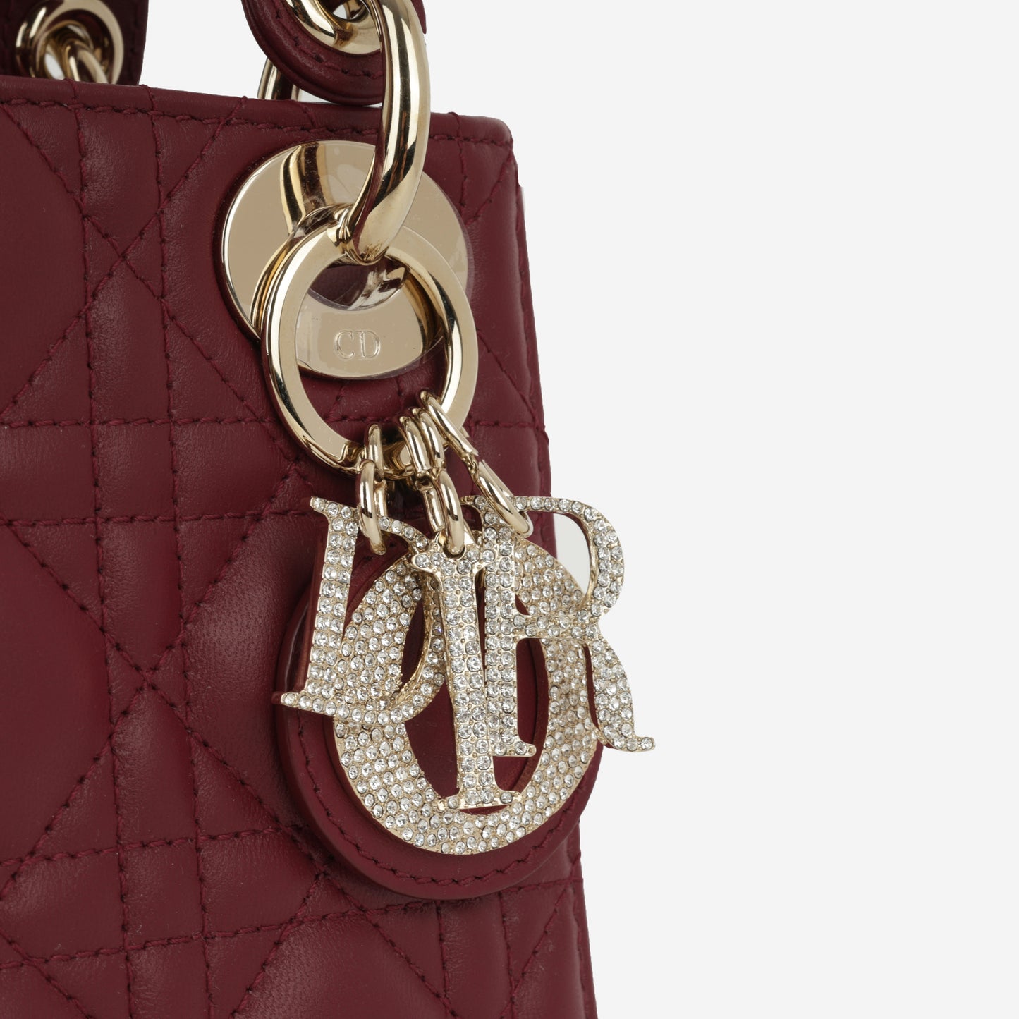 Dior Mini Lady Dior - Red Lambskin  | Cannage Diamante Hardware