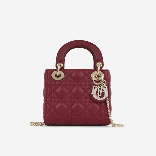 Dior Mini Lady Dior - Red Lambskin  | Cannage Diamante Hardware