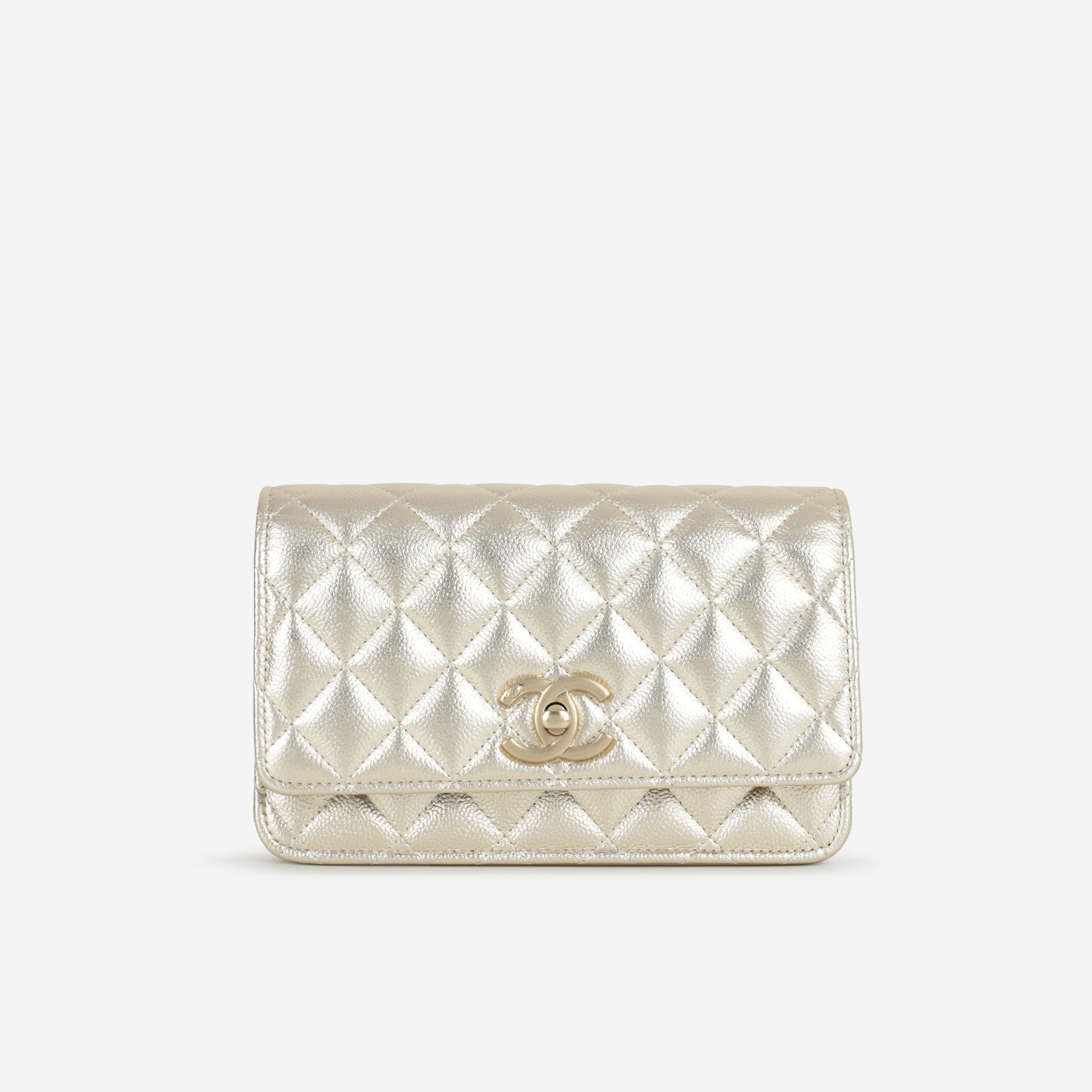 Chanel CC Crush Wallet on Chain - Champagne Metallic Caviar