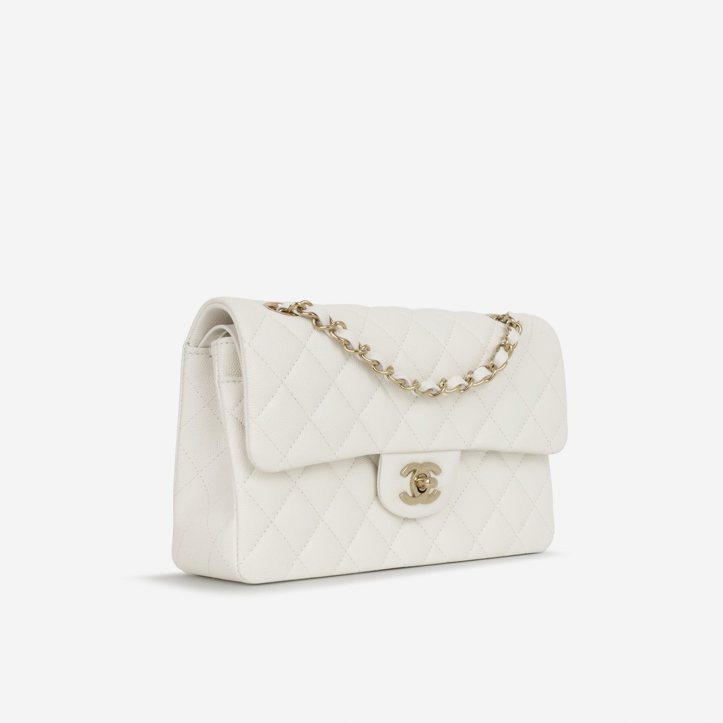 Chanel Small Classic Flap - White Caviar | Champagne Gold Hardware