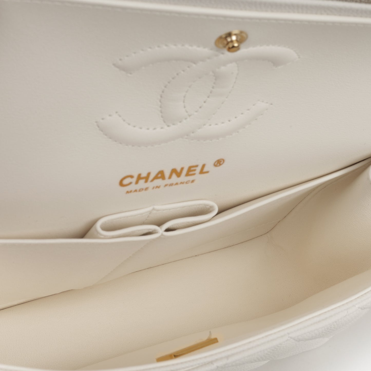 Chanel Small Classic Flap - White Caviar | Champagne Gold Hardware