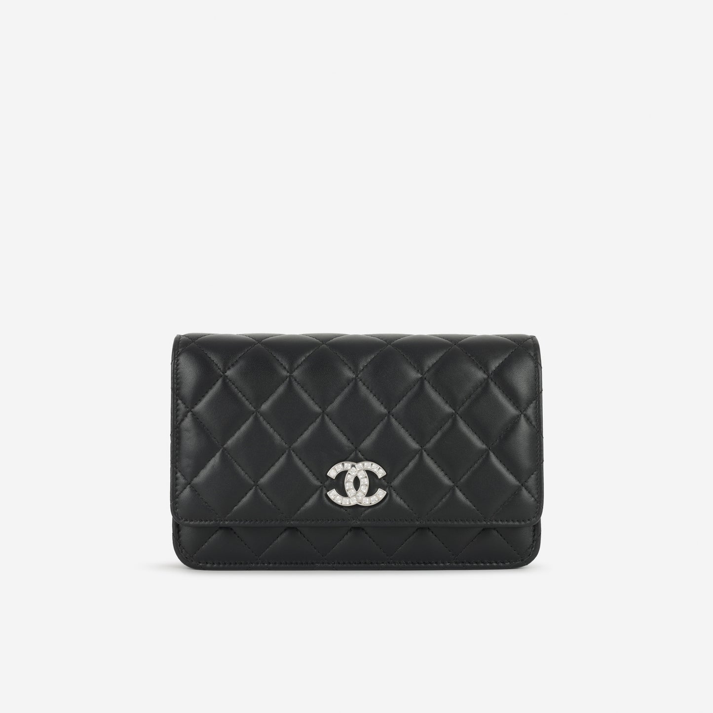 Chanel Wallet On Chain - Black Lambskin with Strass CC | Silver Hardware